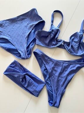 Aerie Ribbed Blue Bikini Set with Swim Headband